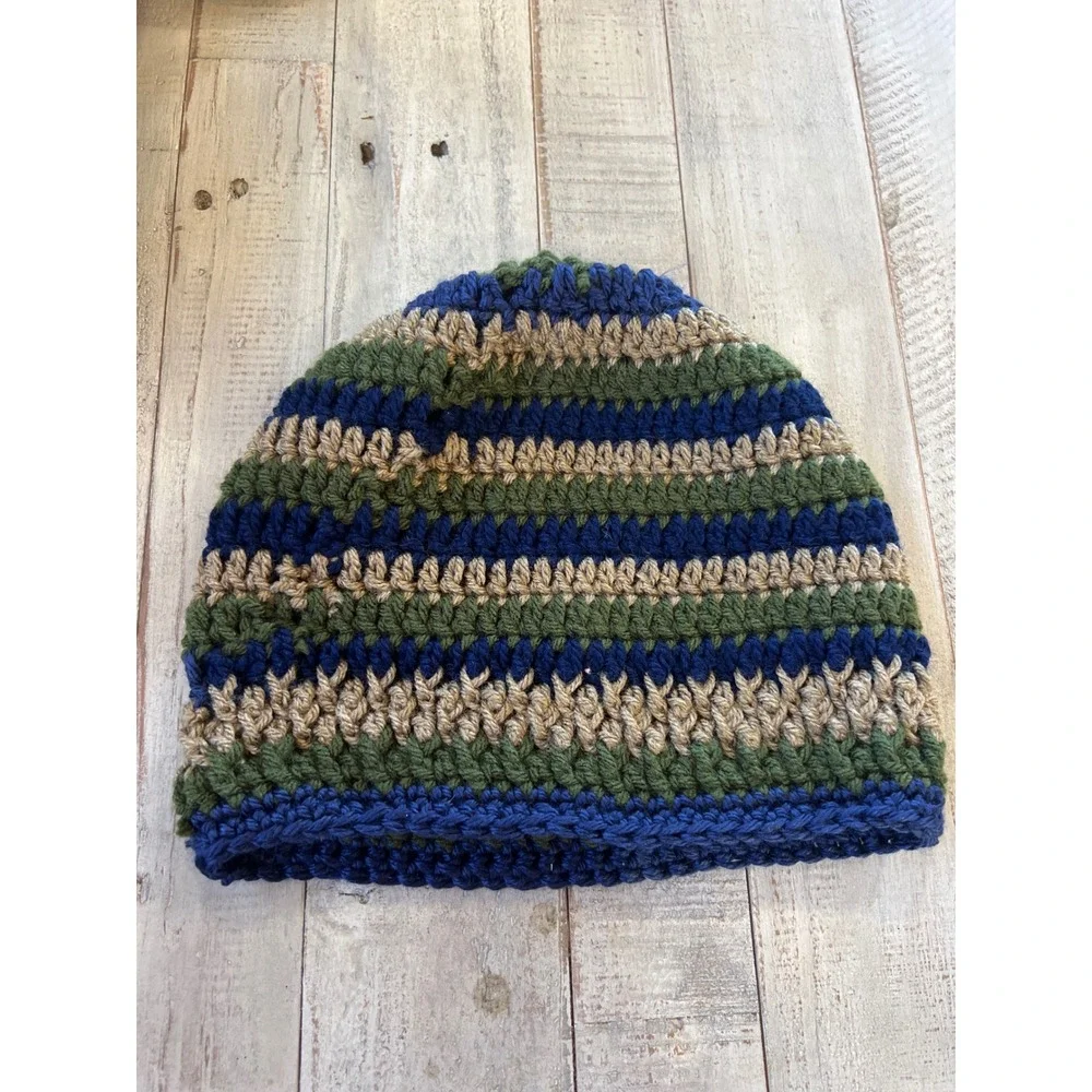 Handmade Crochet‎ Striped Beanie Hat Green Blue Tan Winter Knit Skull Cap Boho